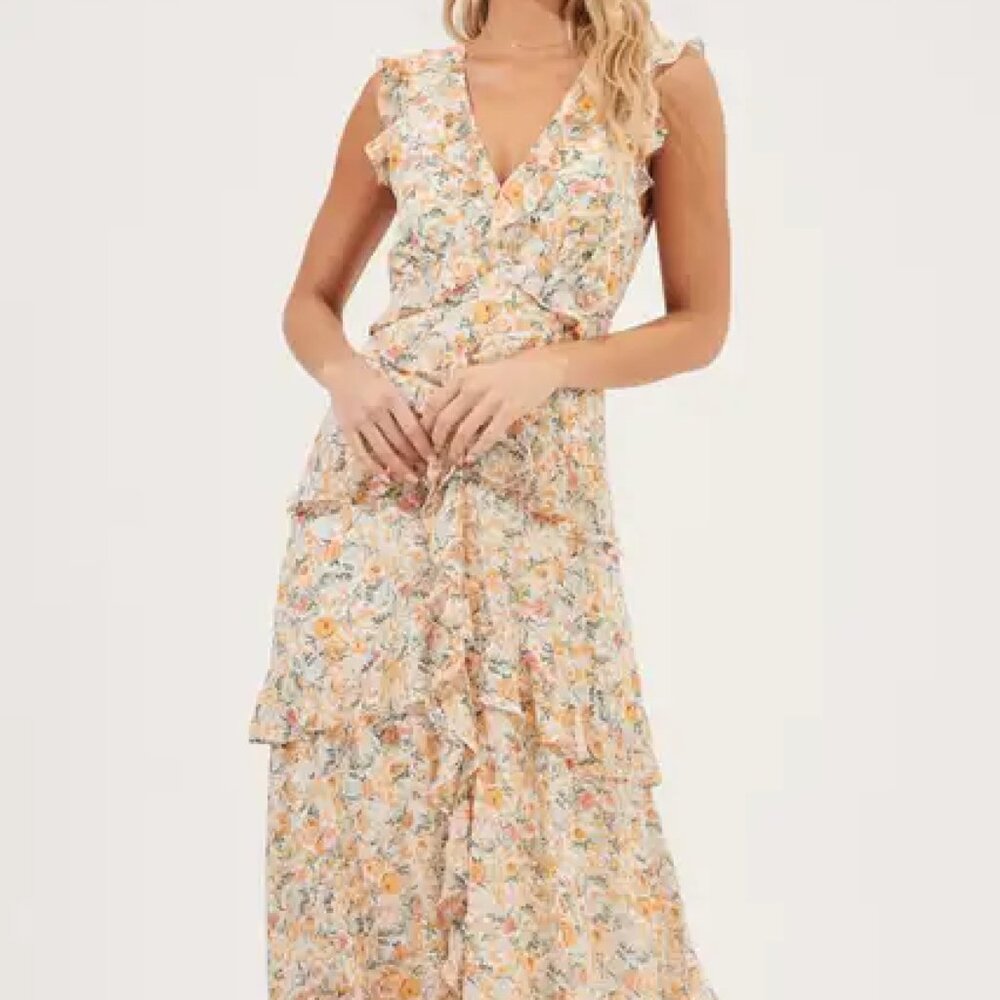 ASTR the Label Floral Ruffled Sleeveless Maxi Dress, XS